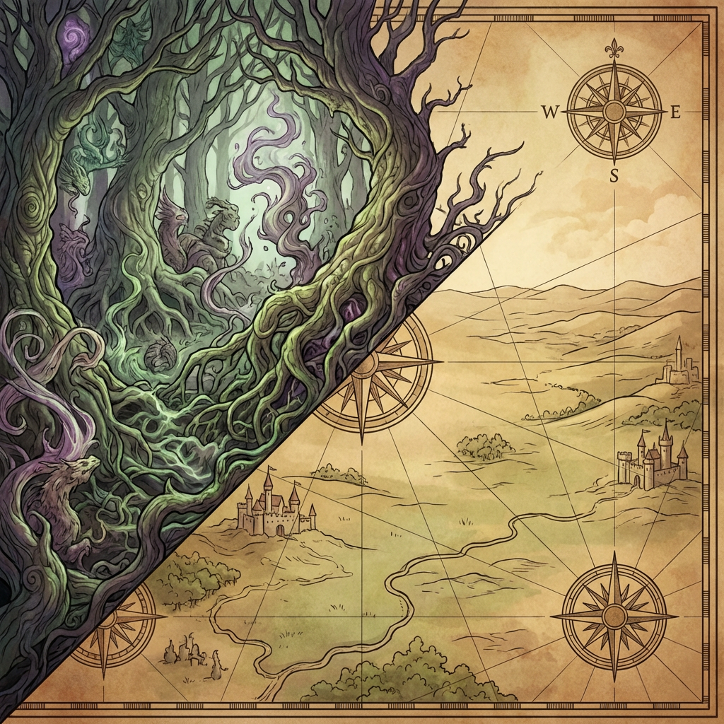 A diagonal split between a vintage fantasy map and a lush, magical enchanted forest.