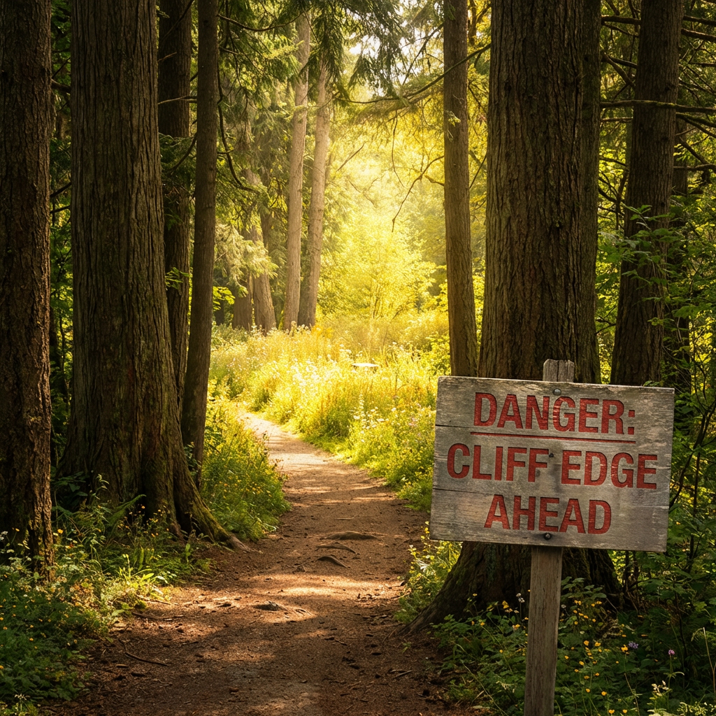 Wooden sign reading DANGER: CLIFF EDGE AHEAD along a sunny forest trail.