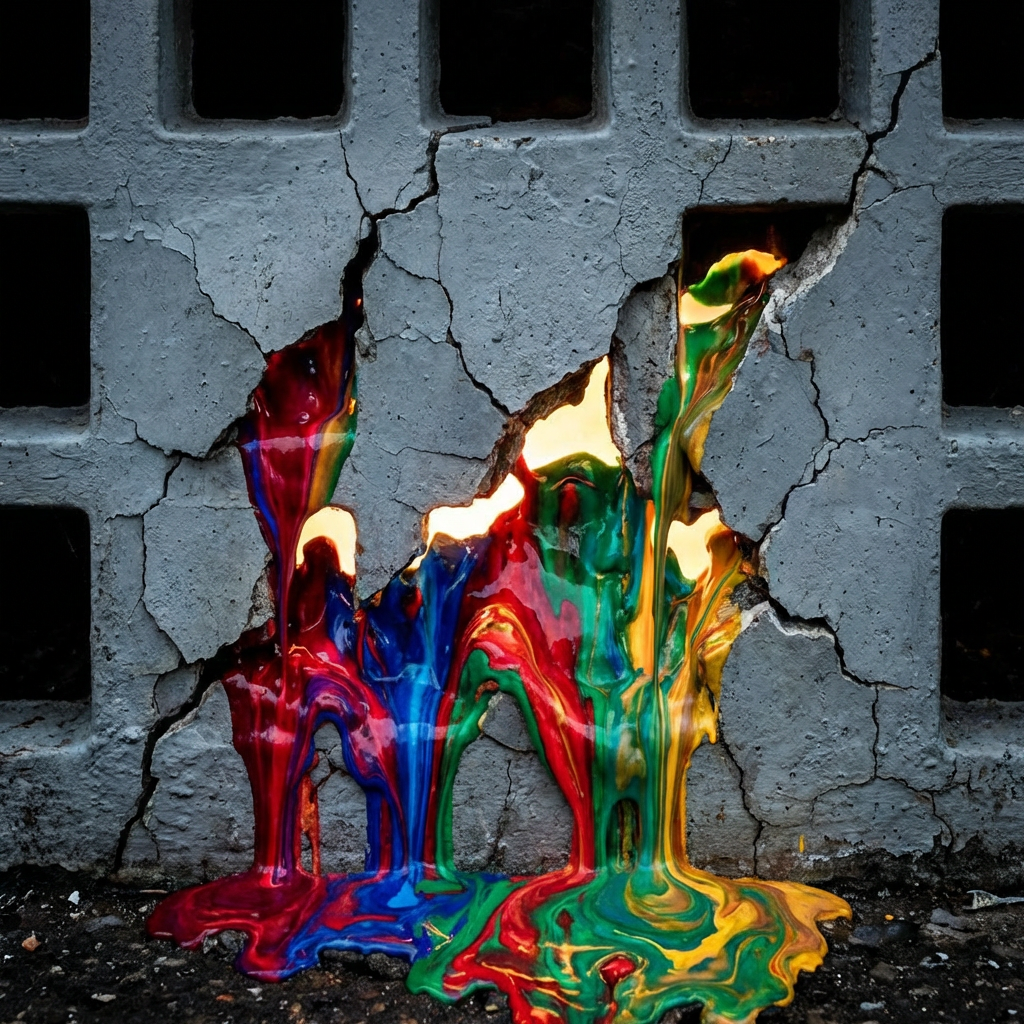 Thick, multi-colored paint oozing from a jagged crack in a gray concrete wall.
