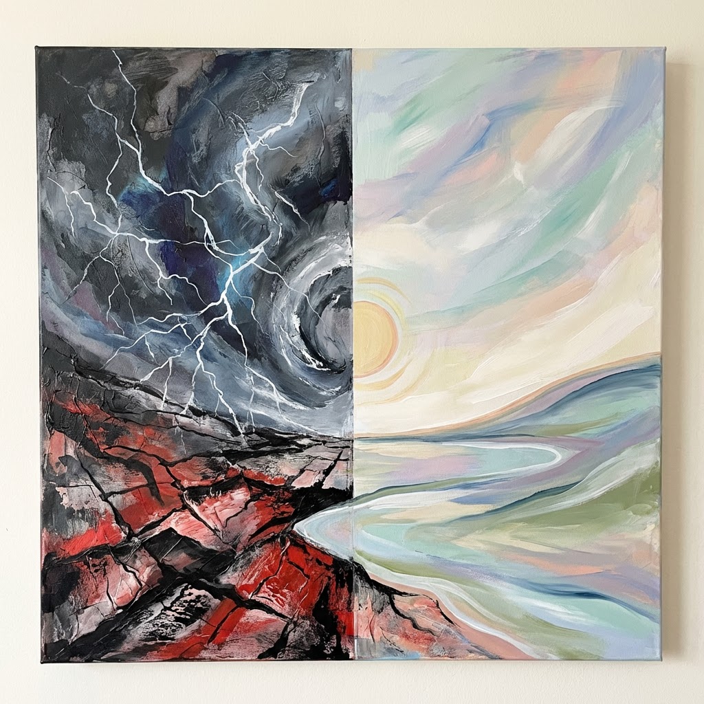 Split-screen painting contrasting a dark, stormy landscape with a bright, serene sunlit vista.