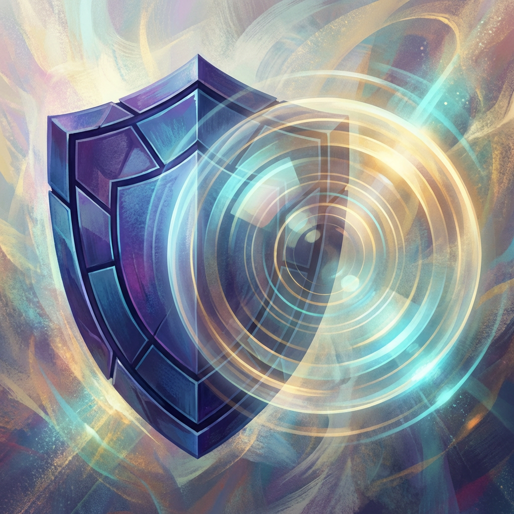 Digital illustration of a purple crystalline shield with glowing concentric energy rings.