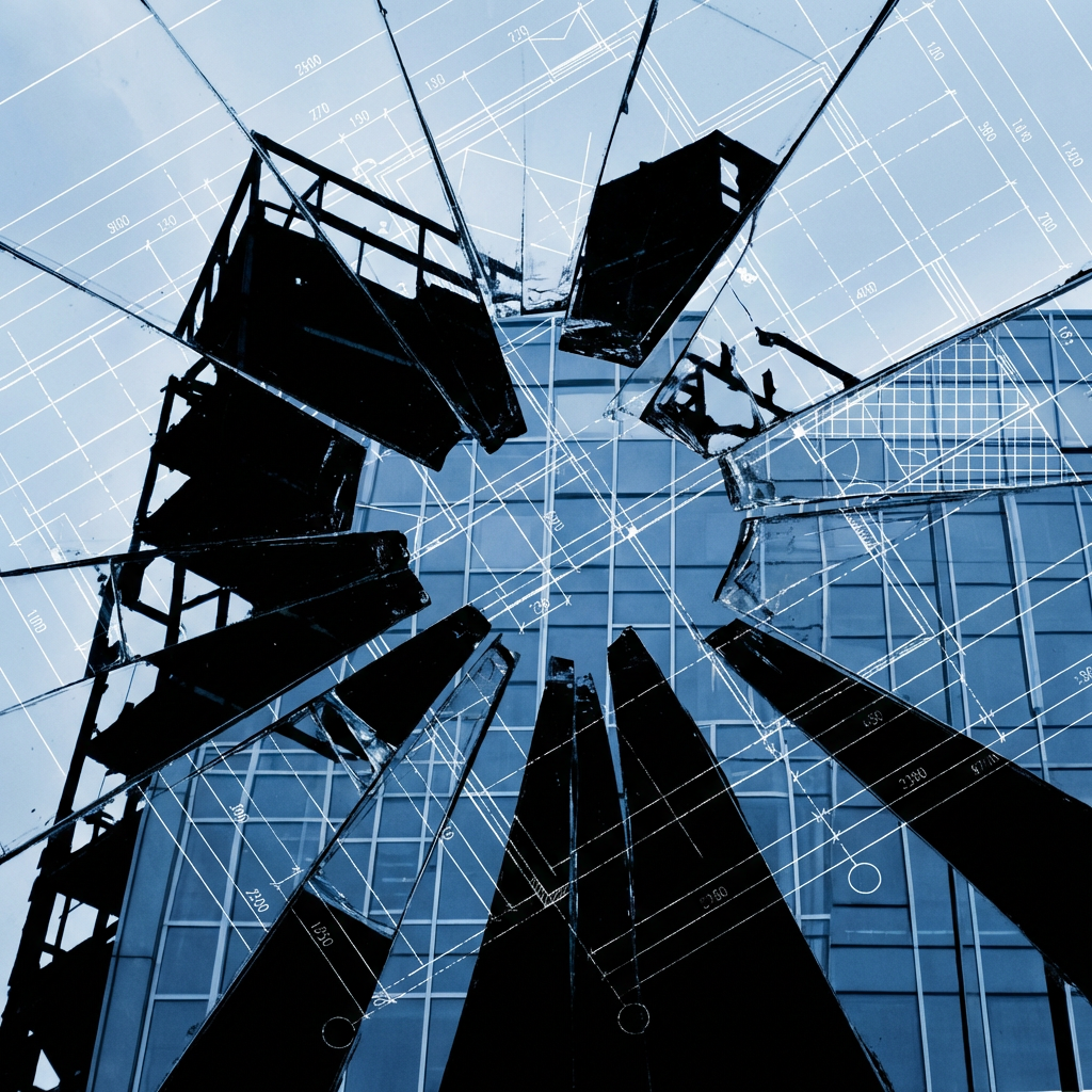 Blue-toned architectural composite with white blueprint lines over a glass building and radial silhouettes.