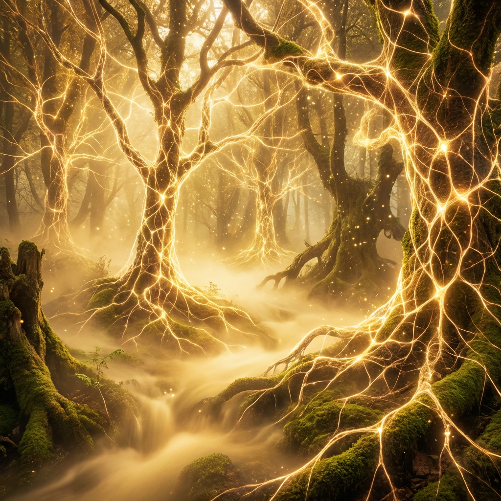 Ancient mossy trees in a misty forest with glowing golden energy veins.