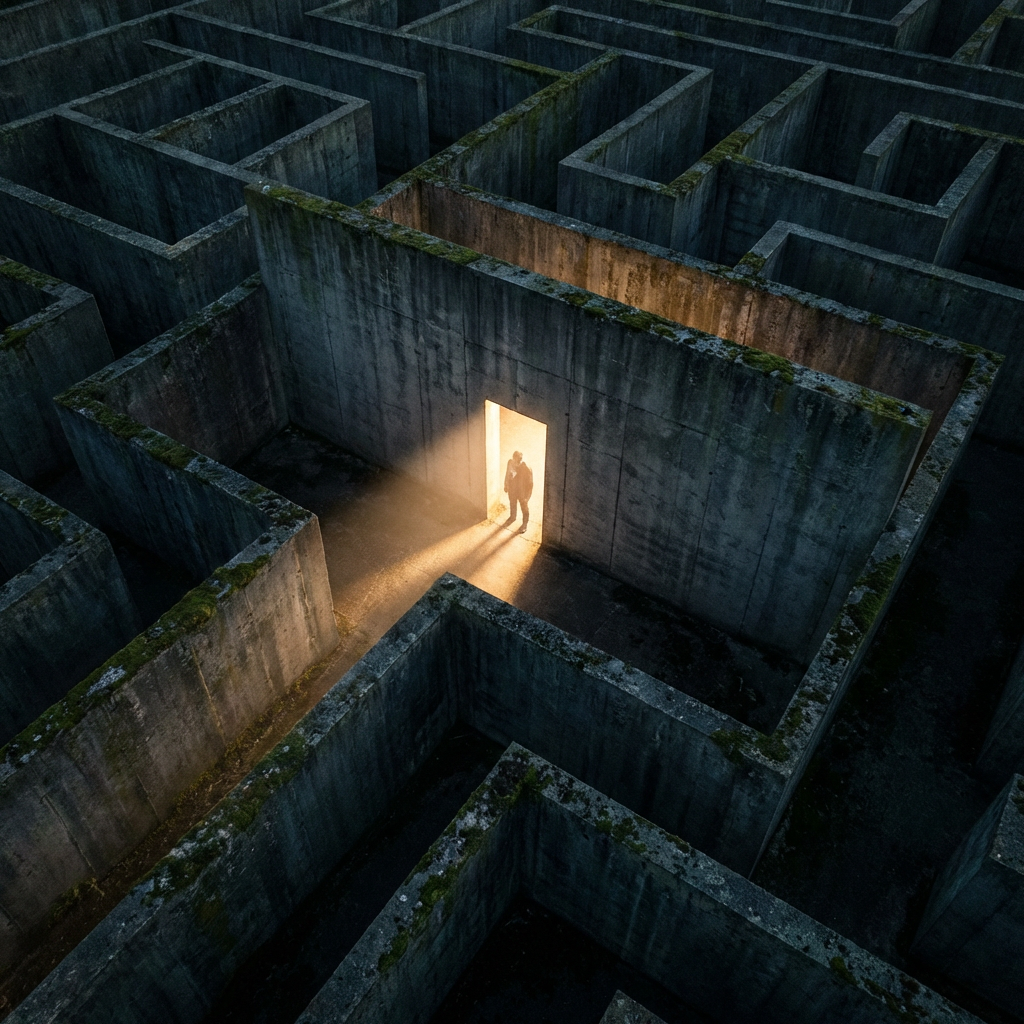 Silhouette of a person in a glowing doorway within a large concrete labyrinth.