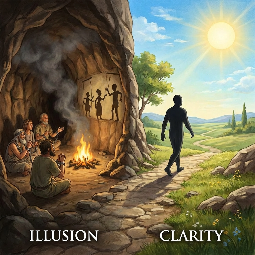 People in a cave labeled ILLUSION watch shadows while one walks toward sunlight labeled CLARITY.