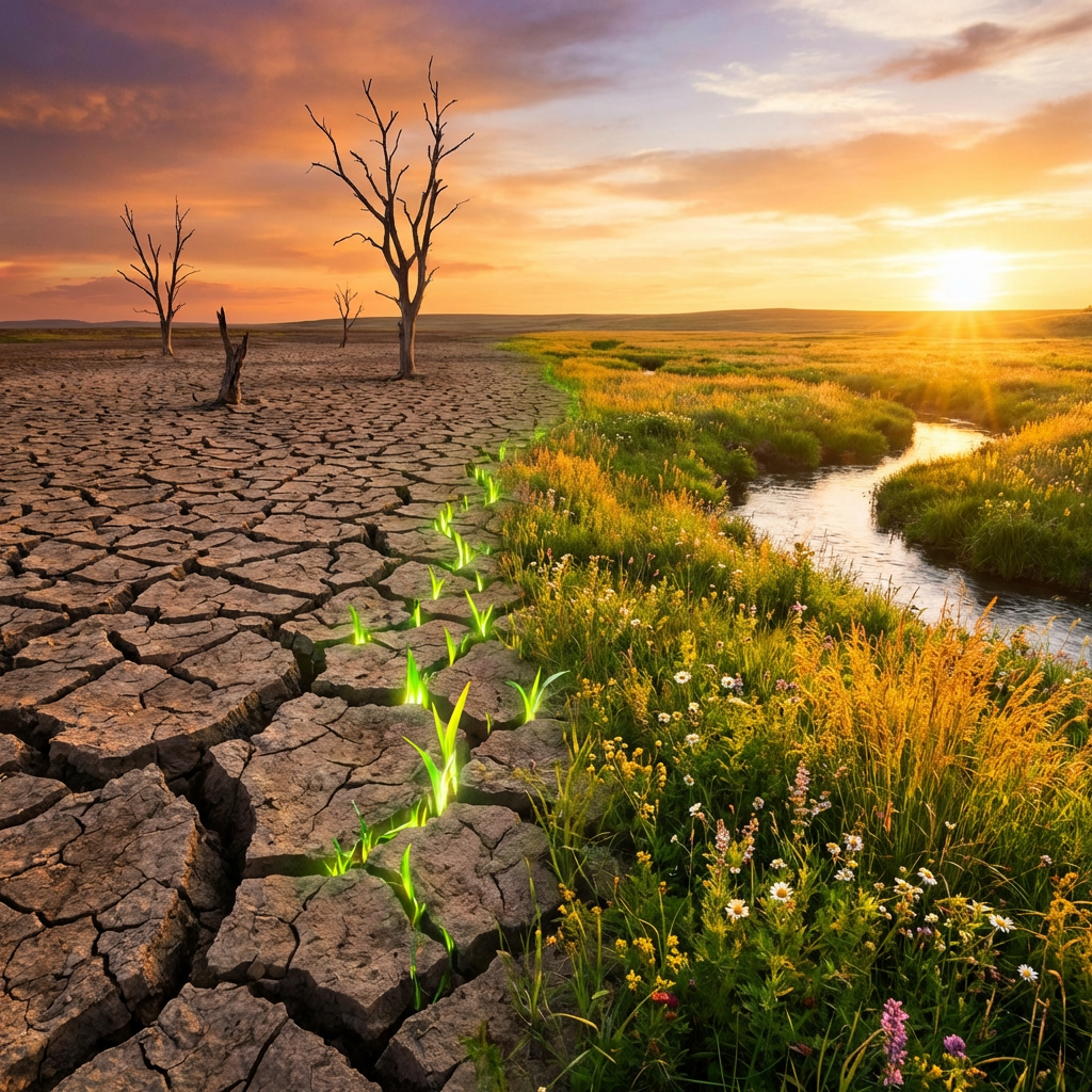 A split landscape showing cracked earth on one side and lush greenery with a river on the other.