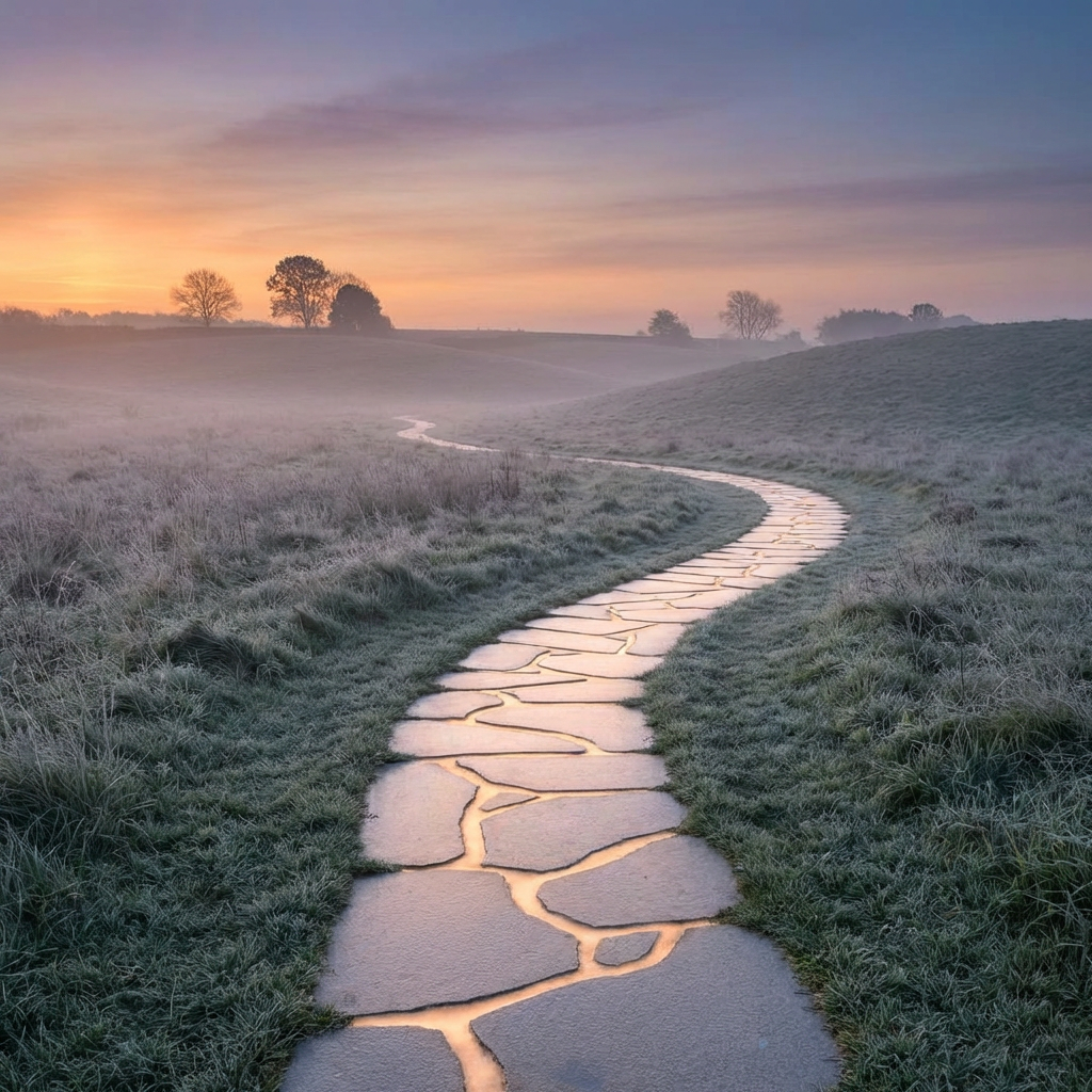 Stone path with glowing golden light winding through a frosty, misty field at dawn.
