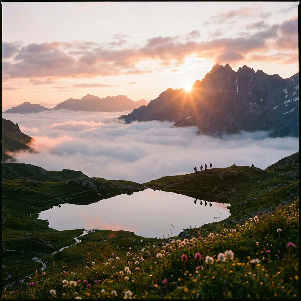 Hikers standing on a ridge overlooking a mountain lake and clouds at sunrise.