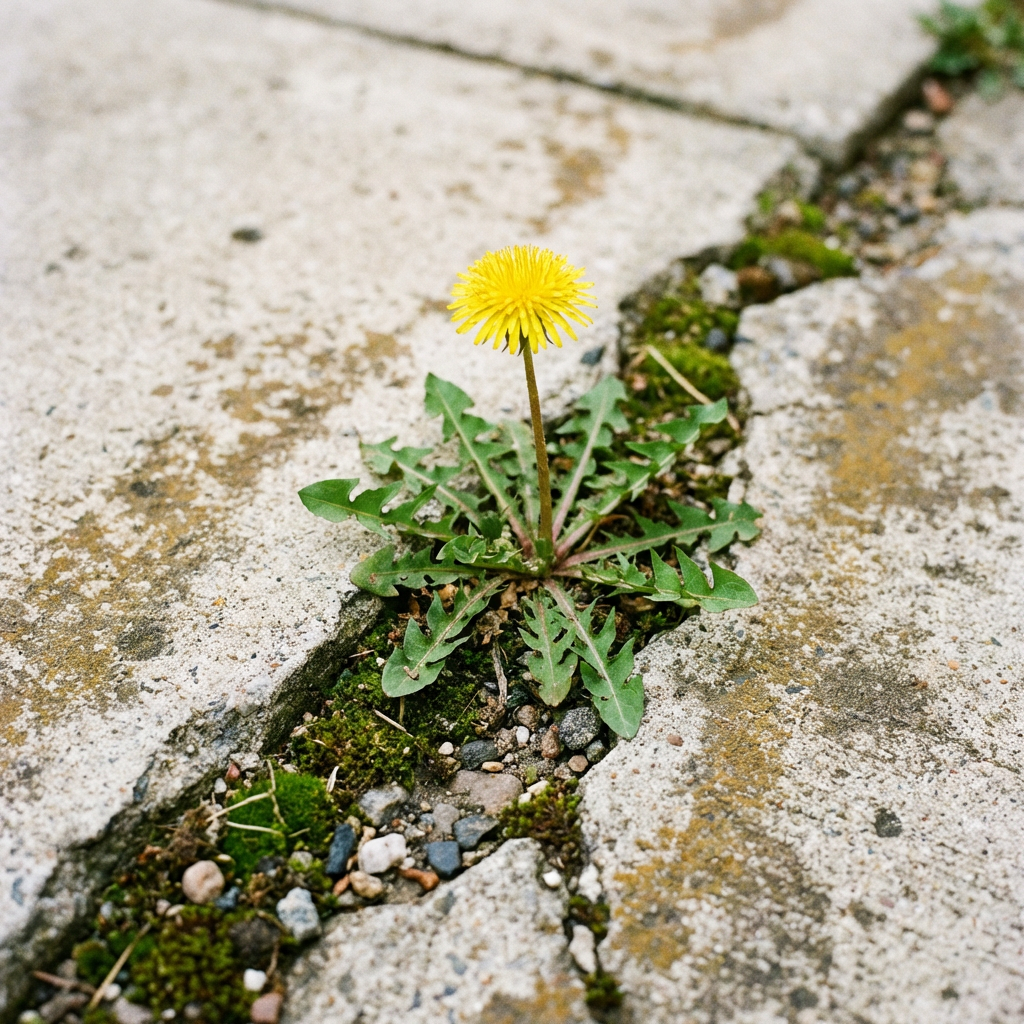 A single yellow dandelion blooming from a mossy crack in gray concrete pavement.