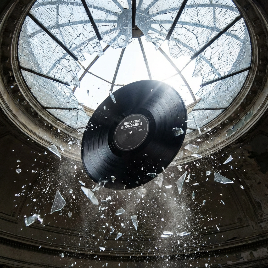 Vinyl record labeled BREAKING BOUNDARIES VOL. 1 crashing through a shattered glass ceiling dome.