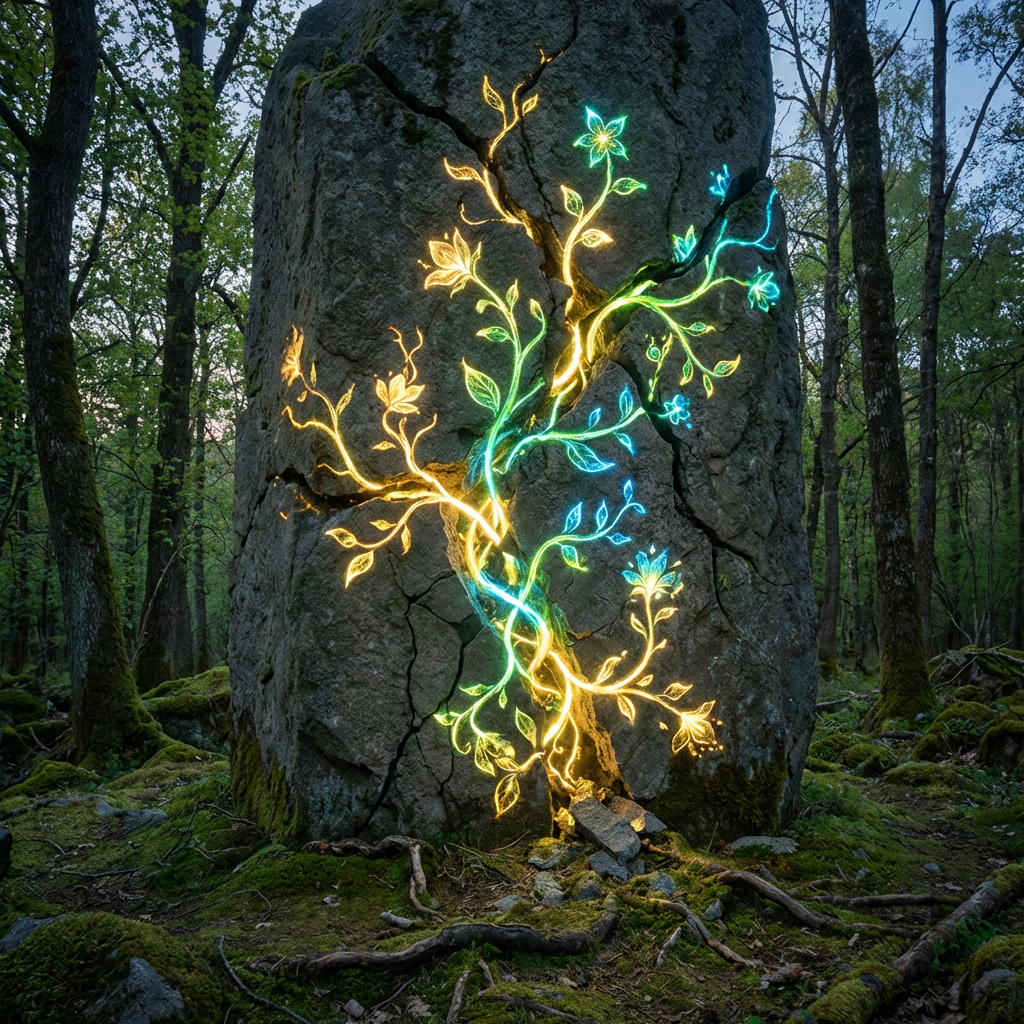 A large forest stone with glowing magical vines and flowers growing through its cracks.