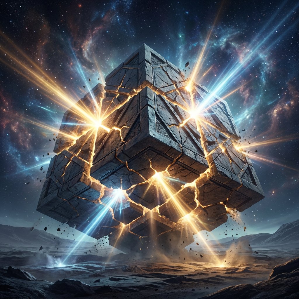 An ancient stone cube fracturing and emitting bright beams of golden and blue light in space.