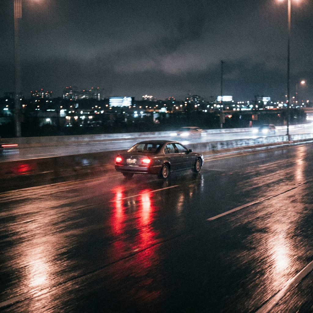 A dark car drives on a wet highway at night with city lights in the distance.