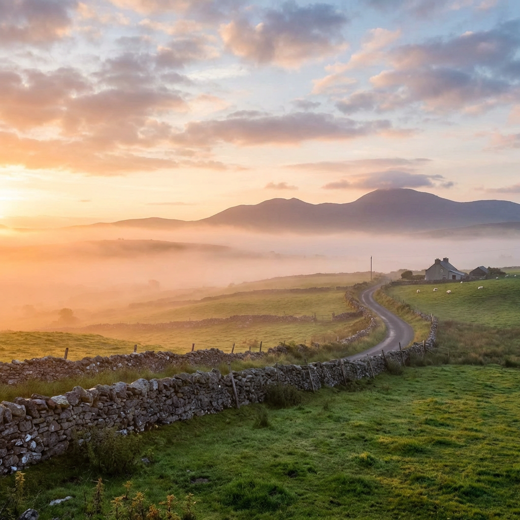 Winding country road through a misty, golden sunrise landscape with stone walls and distant mountains.