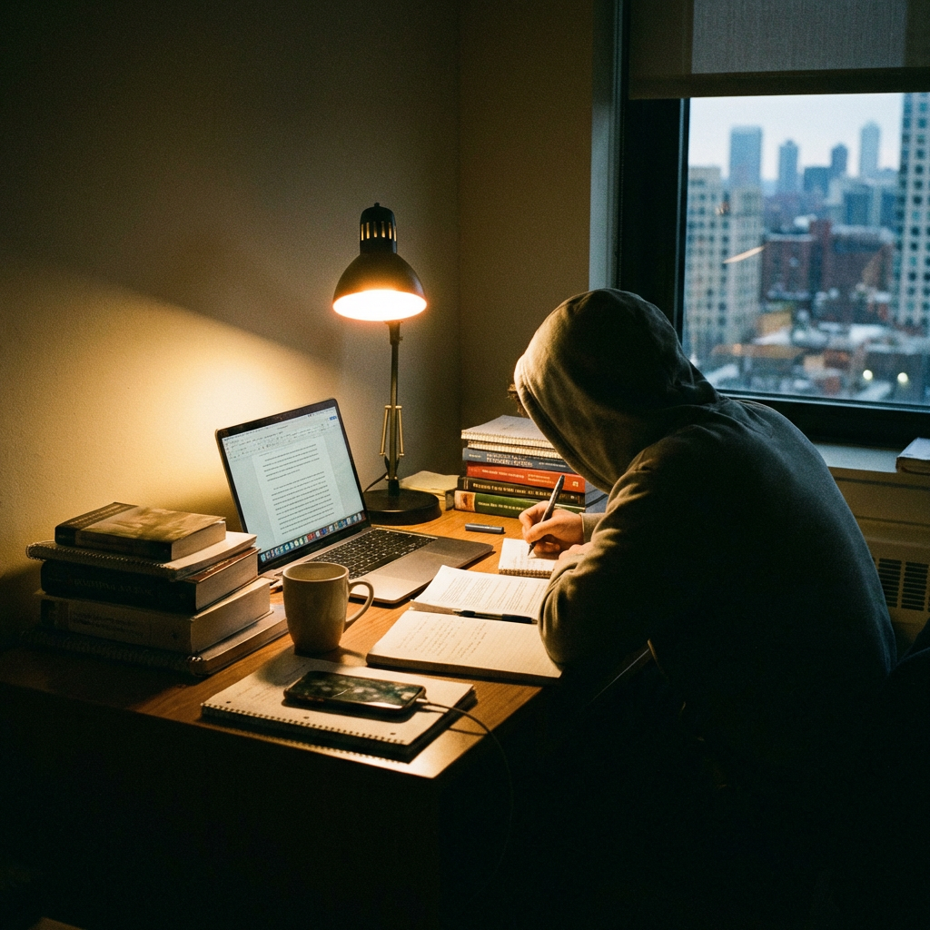 Person in a hoodie studying at a desk with a laptop and city view.