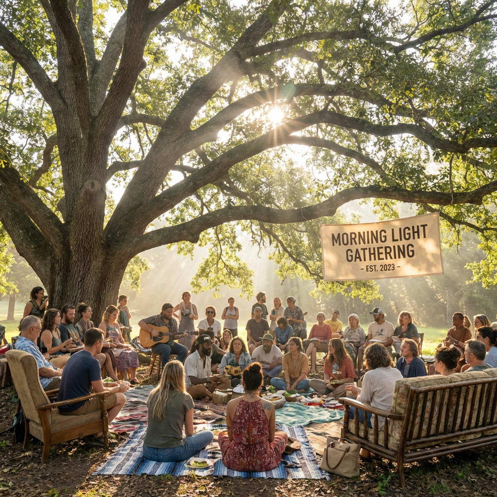 Gathering under a large tree with a banner reading MORNING LIGHT GATHERING - EST. 2023 -.