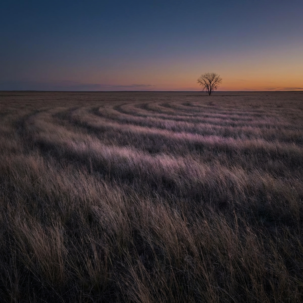 Lone leafless tree in a vast field under a colorful twilight sky.