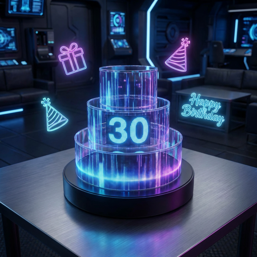 Futuristic digital birthday cake with floating neon icons