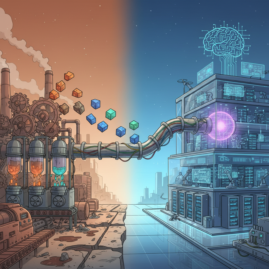Conceptual illustration showing data flow from a traditional factory to a digital data center.