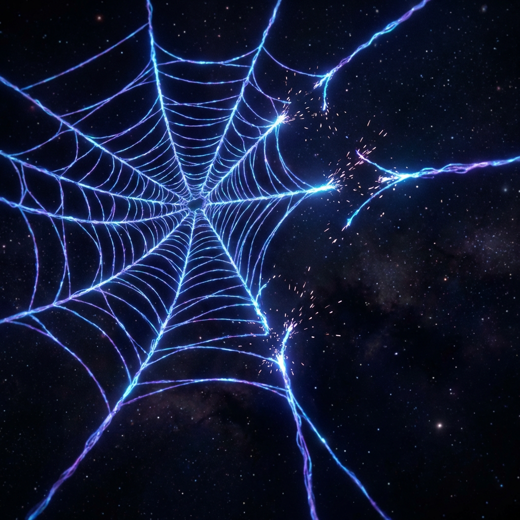 Glowing blue and purple energy spider web set against a dark, starry cosmic background.