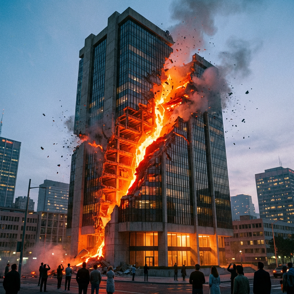 Modern skyscraper splitting apart with a vertical flow of bright orange molten lava.