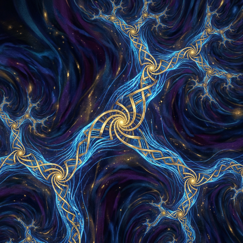 Intricate gold and blue fractal patterns forming a glowing, branching web against a dark background.
