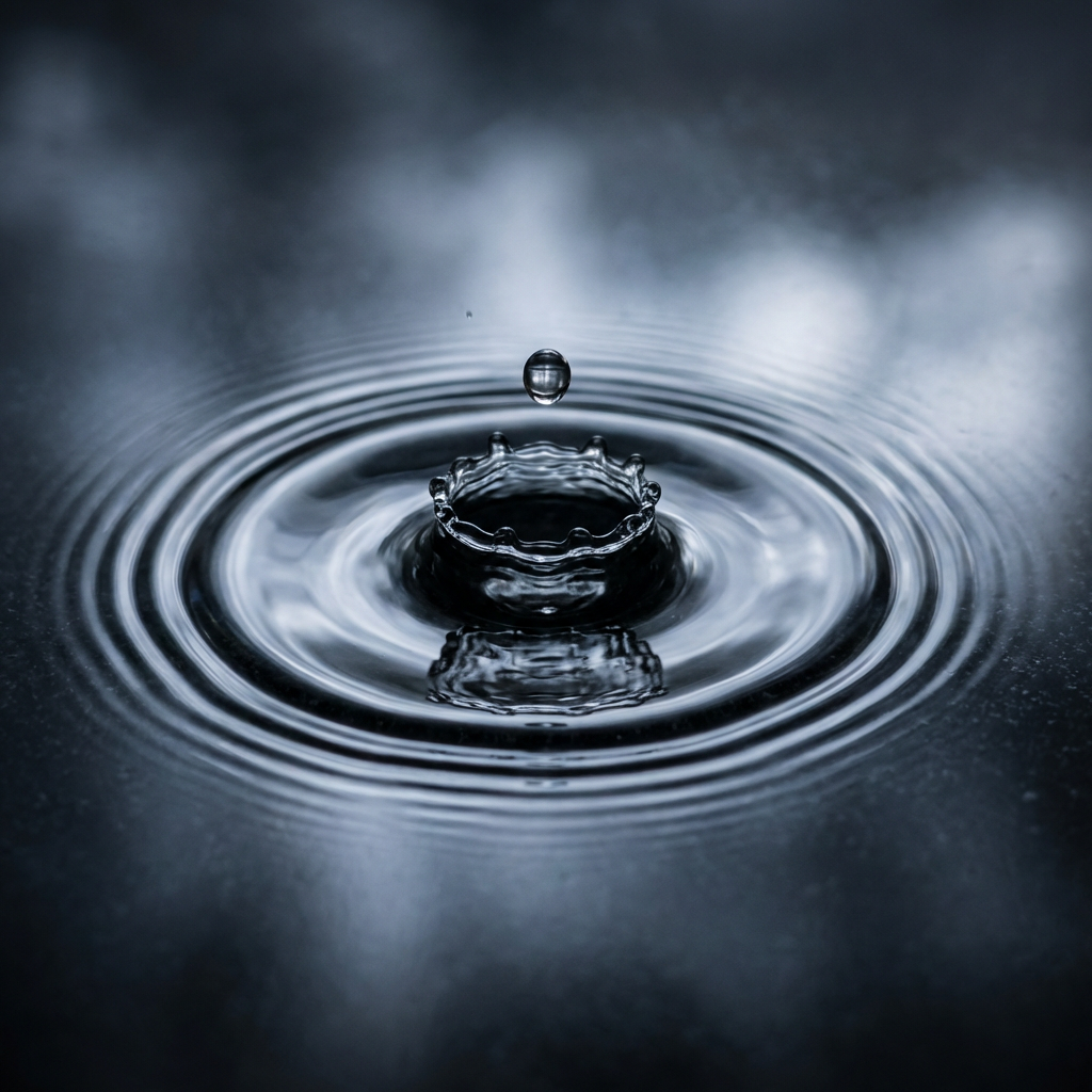 Water droplet impact forming a central crown splash and expanding concentric ripples.