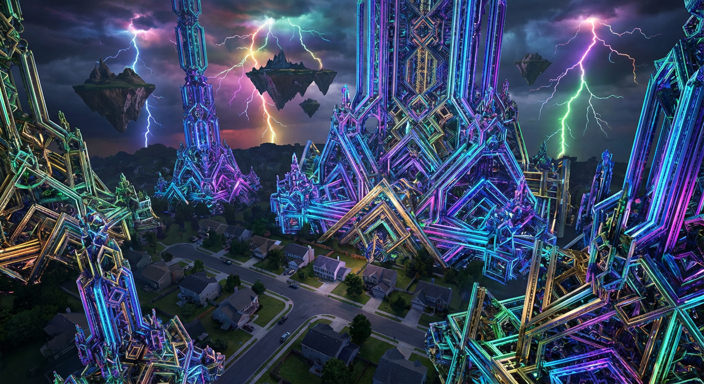 Digital art of skyscrapers exploding and crashing into a suburban residential neighborhood.