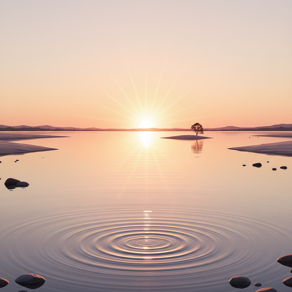 Sun rising over a calm lake with water ripples and a lonely tree island.