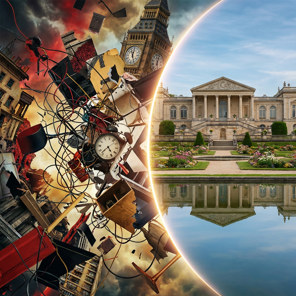 A glowing portal separates a chaotic vortex of debris from a serene classical palace and garden.