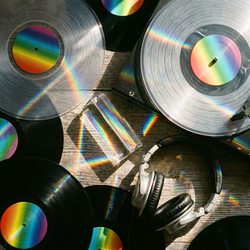 Vinyl records and headphones on a wooden surface with vibrant rainbow light refractions.