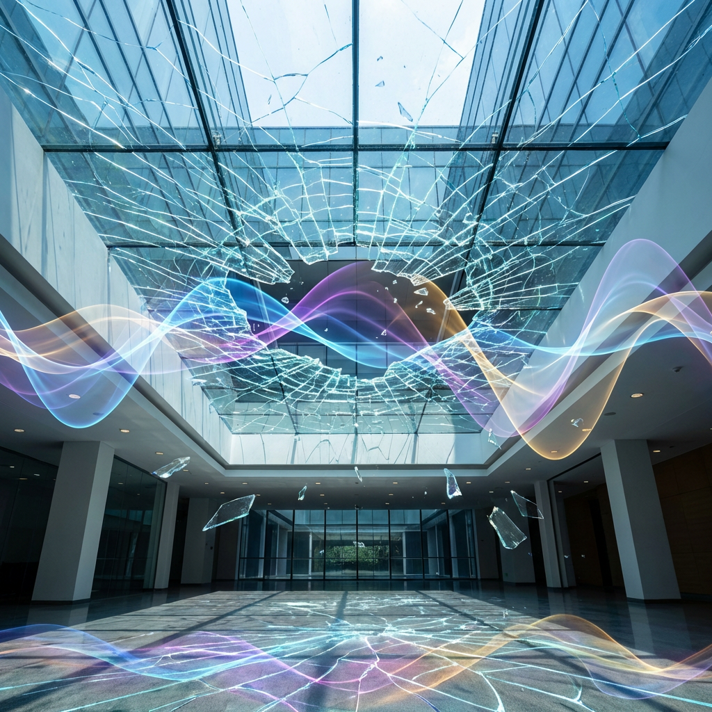 Shattered glass skylight in a modern building with translucent, colorful energy waves flowing through.