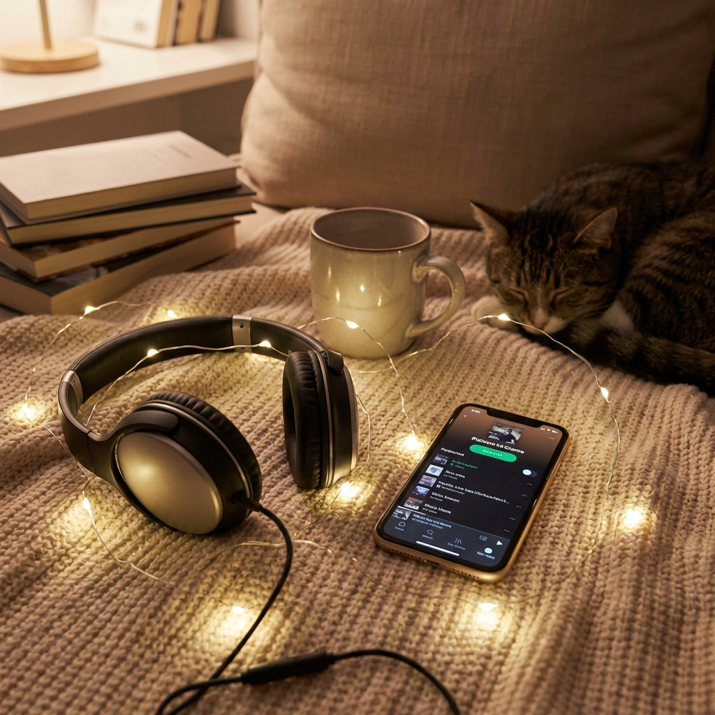Headphones, a smartphone, and a sleeping cat on a blanket lit by warm fairy lights.