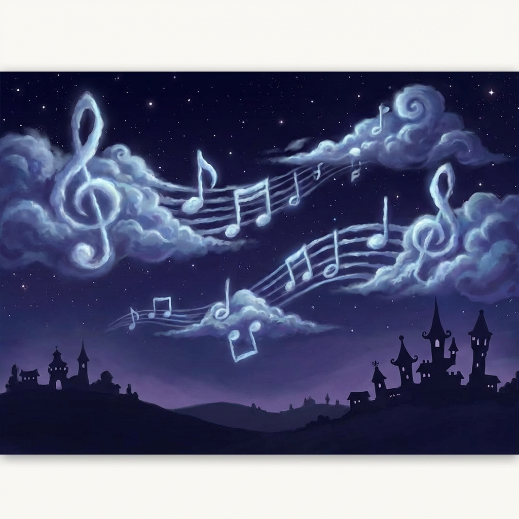 Glowing clouds shaped like musical notes drift over a silhouetted whimsical village at night.