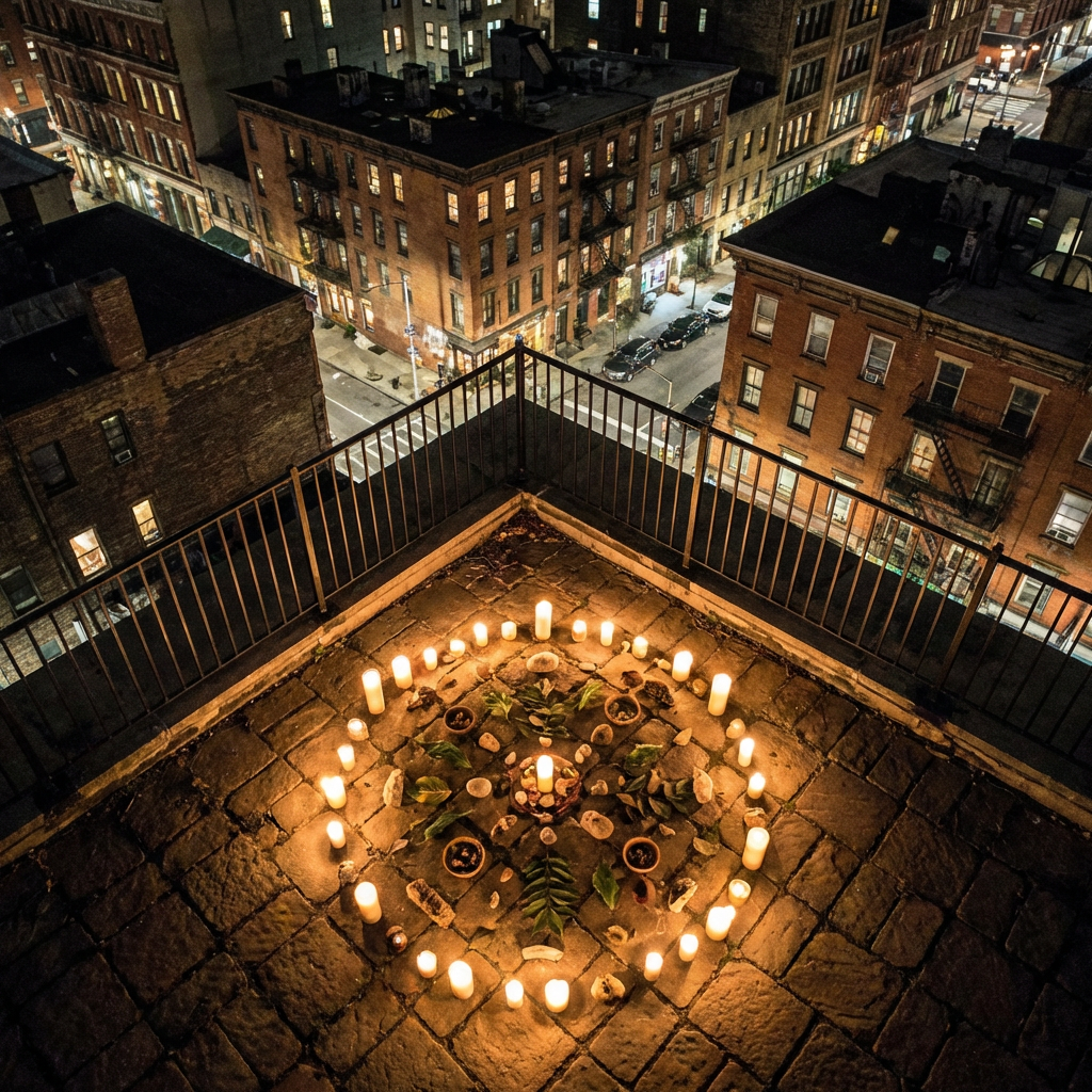 A circular arrangement of lit candles, stones, and leaves on a dark rooftop at night.