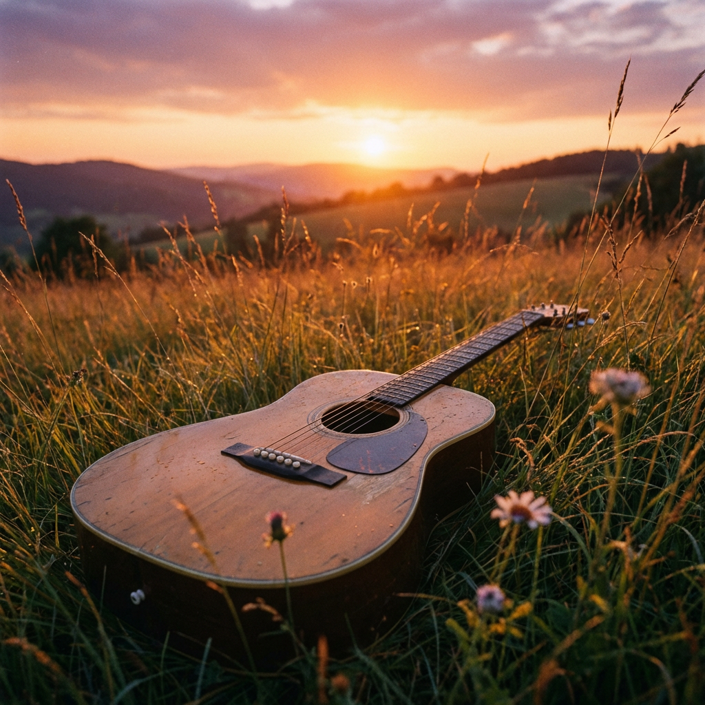Acoustic guitar lying in a grassy field during a vibrant mountain sunset.