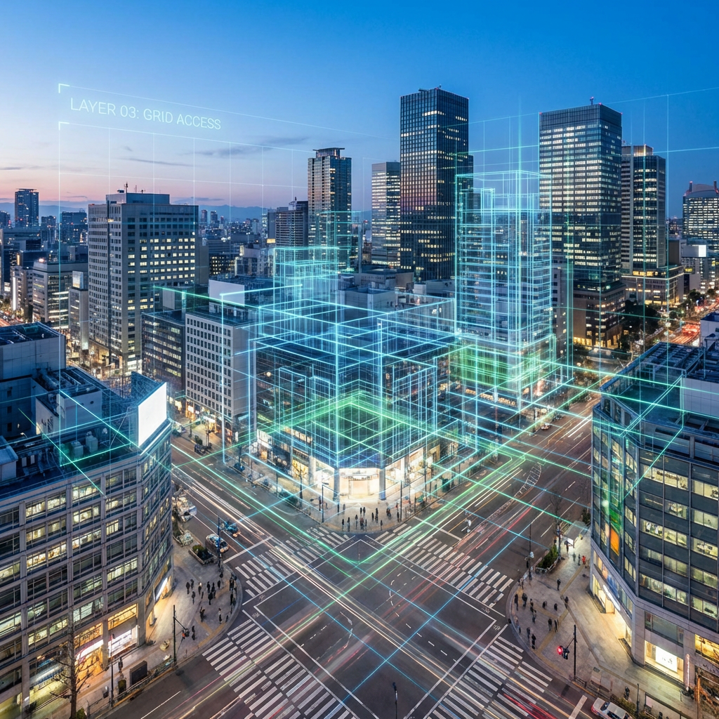 Aerial view of a city intersection with a digital grid and text LAYER 03: GRID ACCESS.