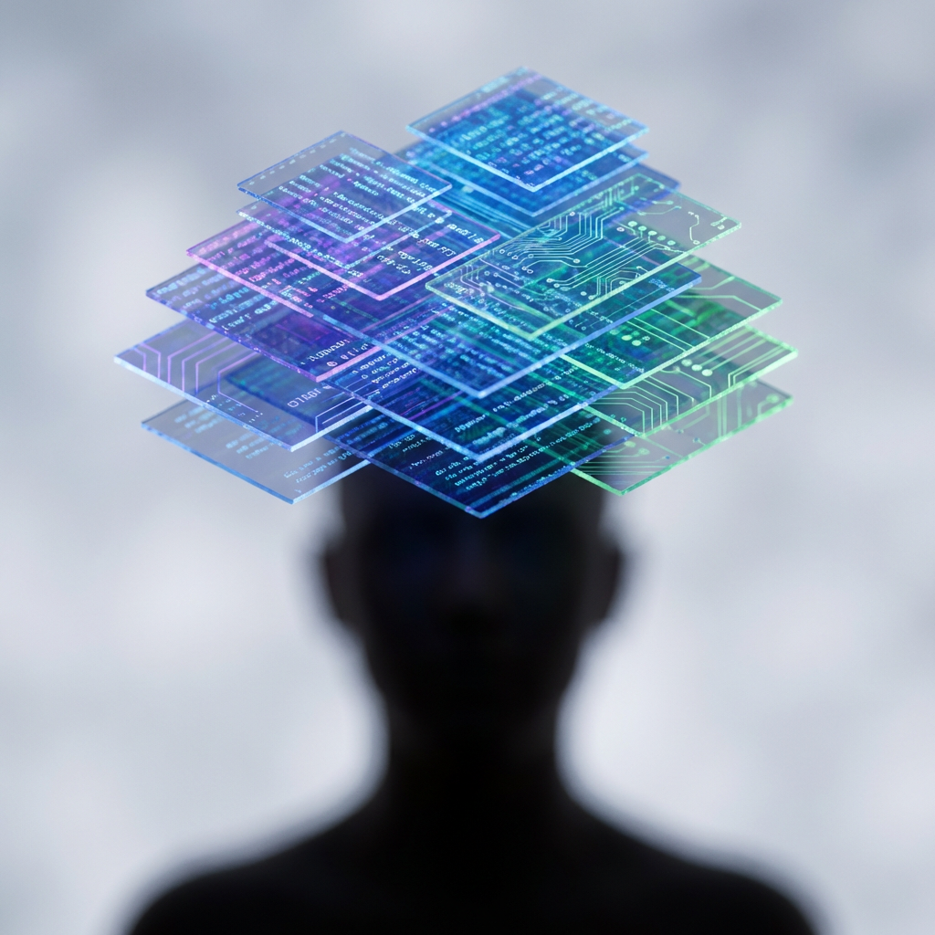 Blurred human silhouette with glowing digital circuit board panes floating above its head.