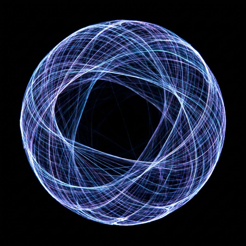 A sphere made of glowing blue and purple lines against a black background.