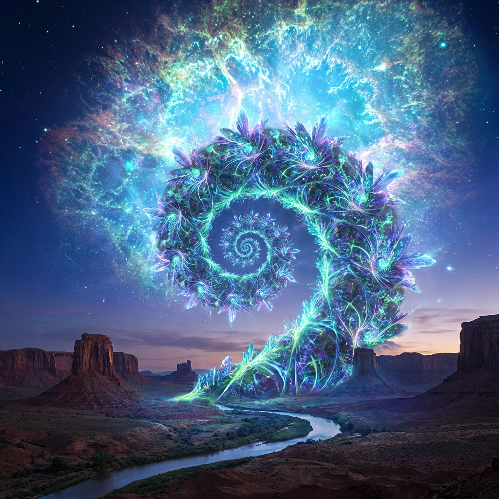 Large bioluminescent spiral rising from a desert landscape into a vibrant cosmic nebula at night.