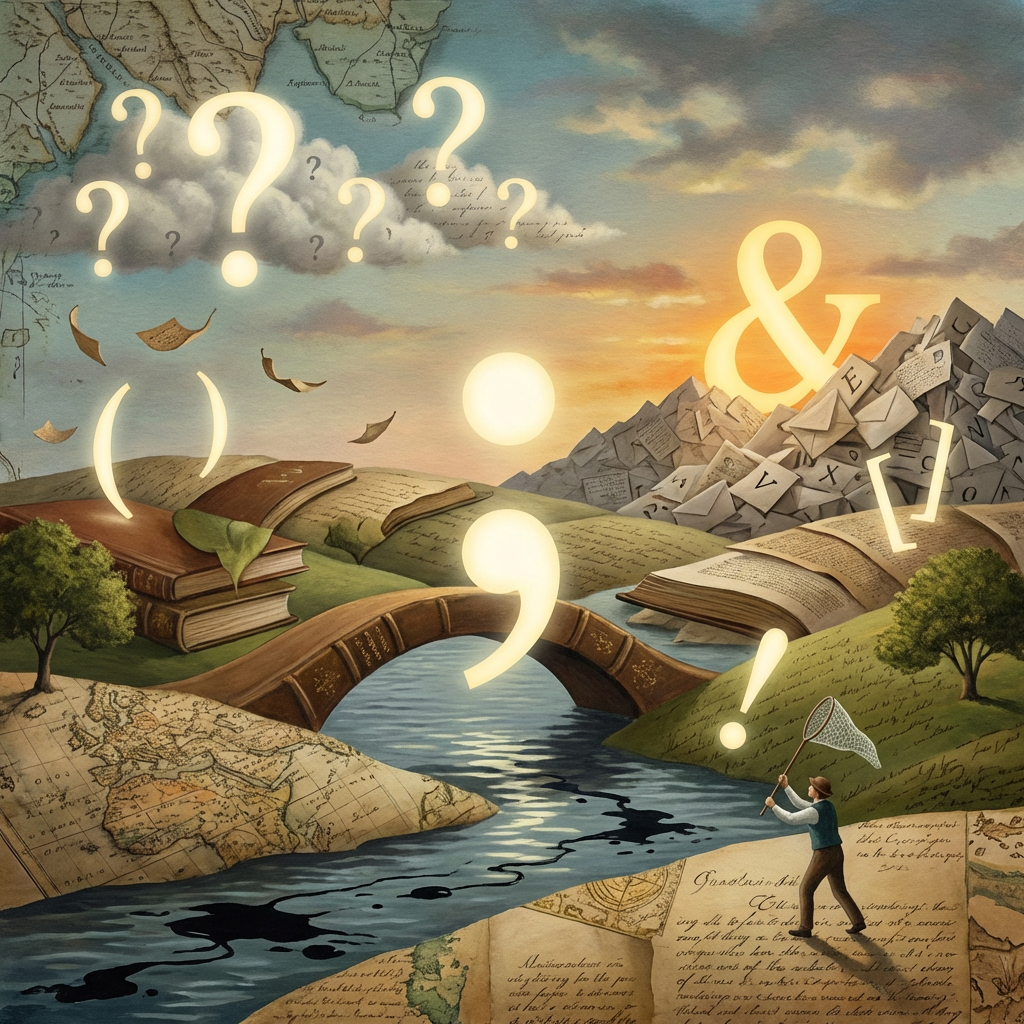 Surreal landscape of books, maps, and glowing punctuation marks with a person catching an exclamation mark.
