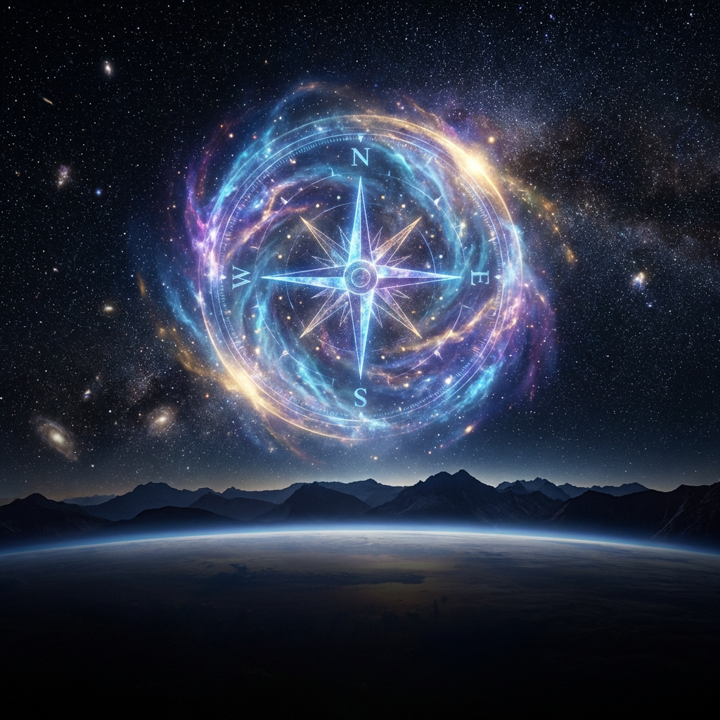Glowing celestial compass with N, S, E, W over a mountain range and starry sky.