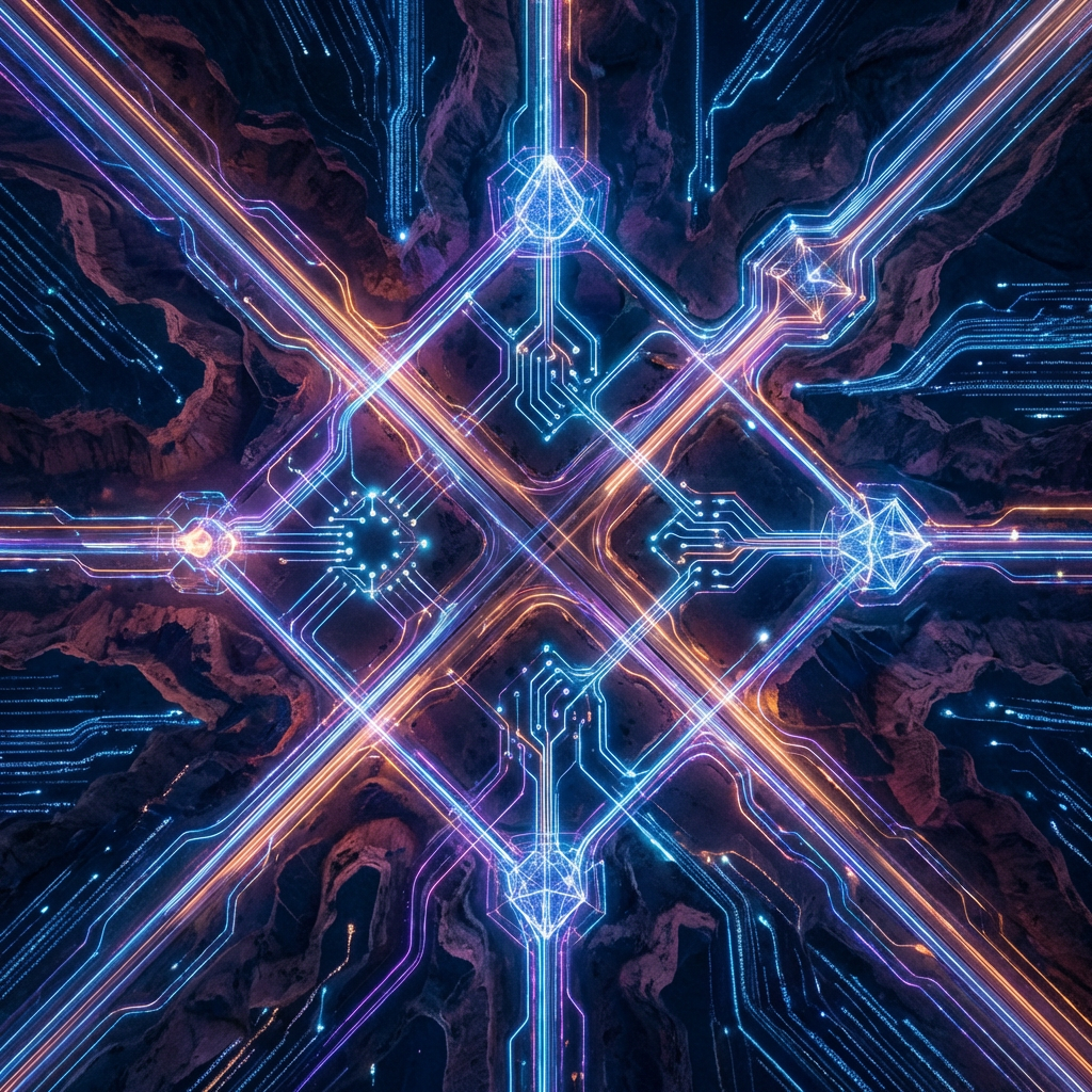 Symmetrical digital circuit patterns made of glowing blue and orange light integrated into rocky canyons.