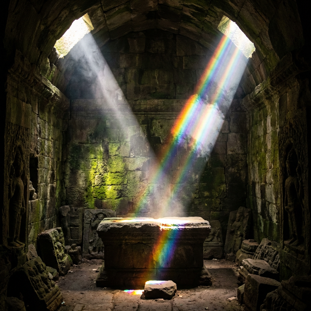 Sunbeams and a rainbow light shining onto an altar inside an ancient stone chamber.