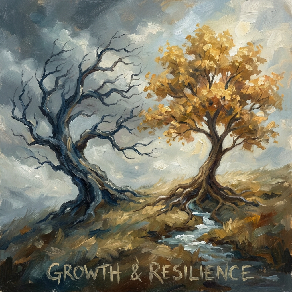 Oil painting of two contrasting trees on a hill with text GROWTH & RESILIENCE.