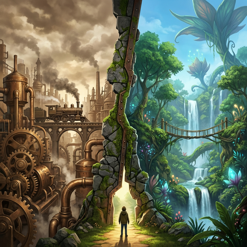 A child stands at a portal separating a steampunk industrial world from a lush jungle.