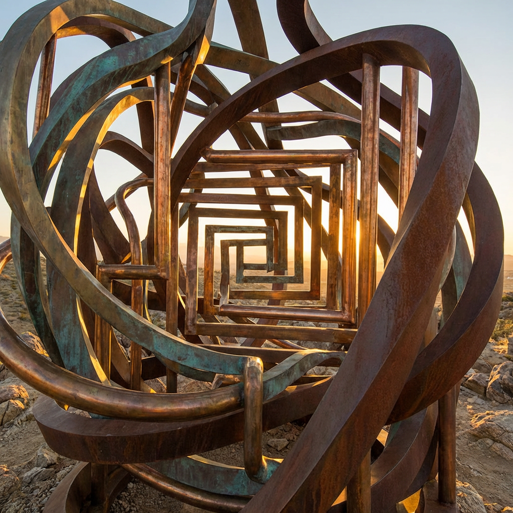 Intricate metal sculpture with nested squares framing the sun on a rocky hill.