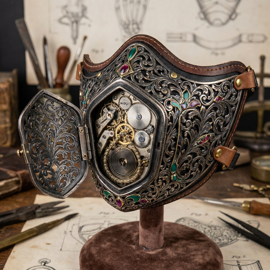 Ornate silver filigree mask with gems, displaying a complex internal mechanical gear mechanism.
