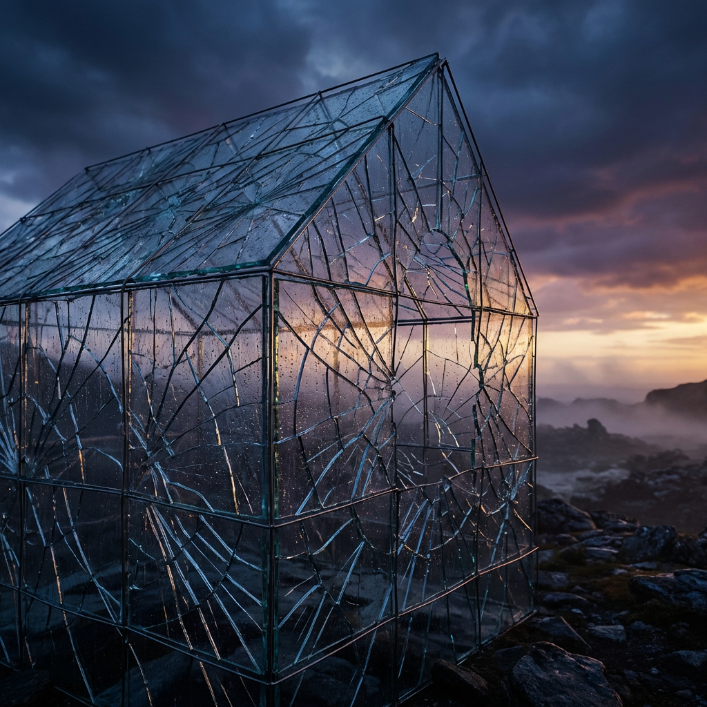 House-shaped structure made of broken glass on a rocky coastline during sunset.