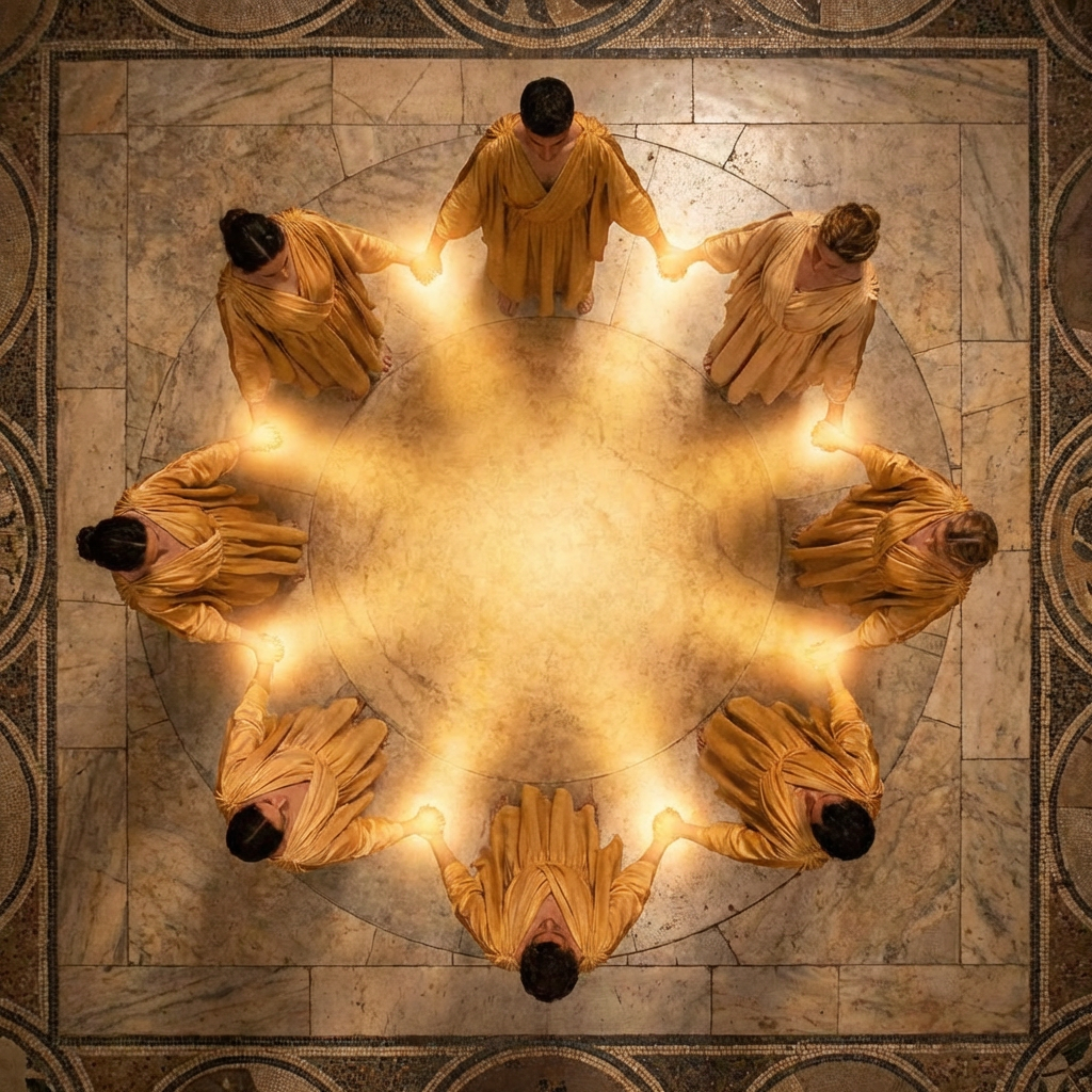 A circle of robed people with glowing hands performing a mystical ritual on stone.